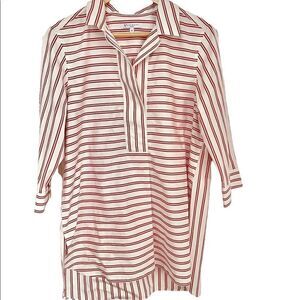 Foxcroft Summer Breezy Tunic, Non Iron, White and Red Stripe Open V-Neck